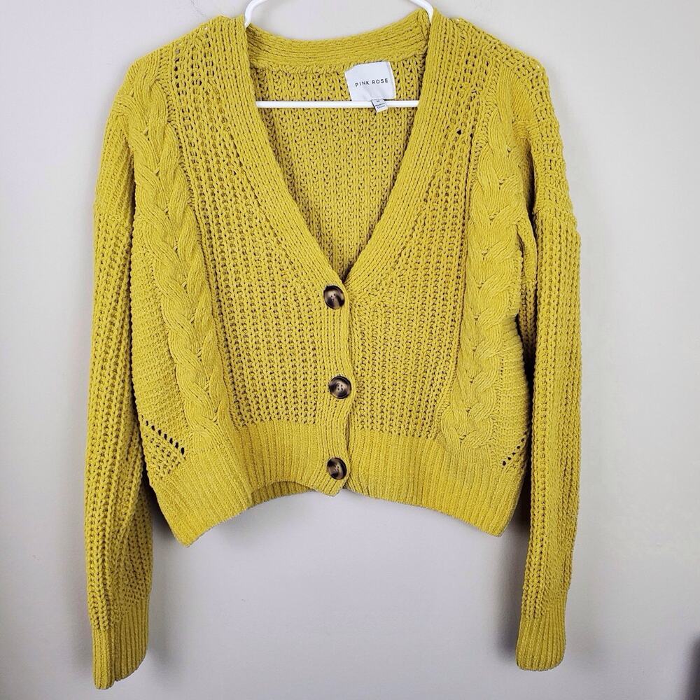 PINK ROSE | Cropped Chunky Knit | Yellow | Cardigan Sweater | Medium - Picture 2 of 8